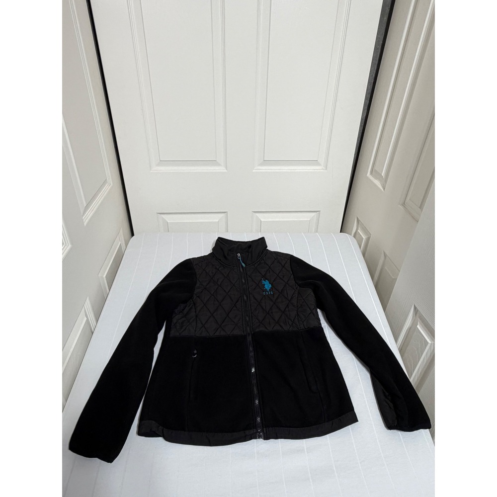 US Polo Assn Womens Black Fleece Quilted Full Zip Jacket Turquoise Logo Small
